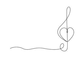 Treble clef continuous one line drawing. Music note with love sign. Isolated on white background vector illustration. Pro vector
