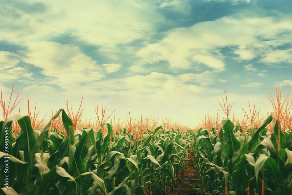 Wall mural Green corn field in farm garden and shining light at sunrise