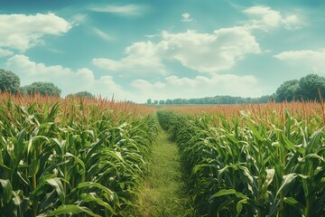 Obraz premium Green corn field in farm garden and shining light at sunrise