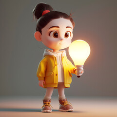 3d rendering small young girl holding a light bulb toon style