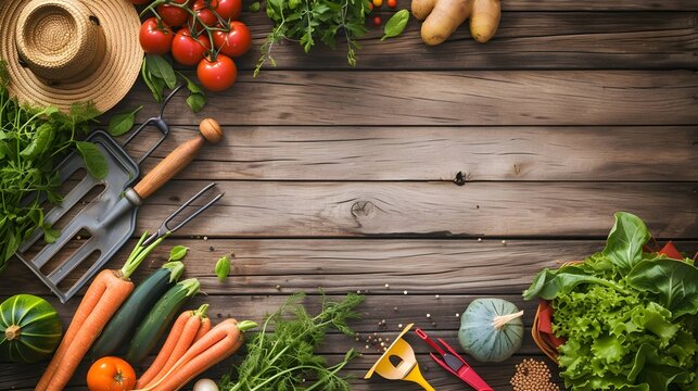 Vegetables harvesting and gardening work tools on wooden table flat lay background with copy space. 