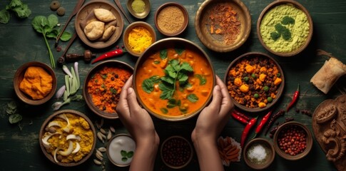 Obraz na płótnie Canvas Curry Delight: Exploring Indian Cuisine with Vibrancy generative ai