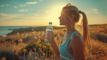 Drinking water, women after sports run and training in nature. Workout, hiking, and walking challenge with a bottle of water, sweating girl drinking water after sport  at sunset - obrazy, fototapety, plakaty