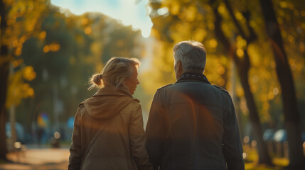 elderly old men and woman walking in the park, happy senior couple going for a walk in the park, pension retired couple - obrazy, fototapety, plakaty