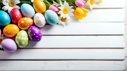 Naklejka premium Multicolor easter eggs and flowers on white wooden background, text space, photo shoot, natural day light