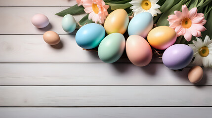 Multicolor pastel easter eggs and flowers on wooden background, text space, photo shoot, natural day light