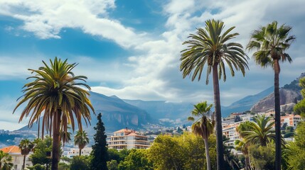 Urban landscape with palm trees in the foreground, residential buildings, and a mountain backdrop...