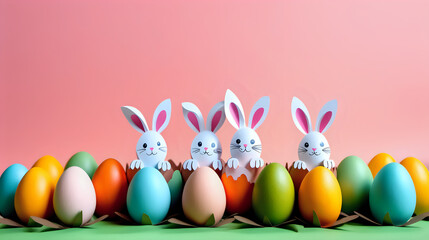 Painted eggs with cute bunny rabbit in easter day, photo shoot, bright tone, paper cut style