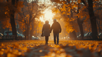 elderly old men and woman walking in the park, happy senior couple going for a walk in the park, pension retired couple at sunset - obrazy, fototapety, plakaty