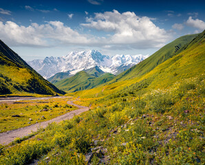 Fototapeta premium Dirty road on mountain hills in Caucasus with Shkhara mountain on background. Picturesque summer scene of Ushguli village outskirts, Upper Svaneti, Georgia. Beauty of nature concept background.