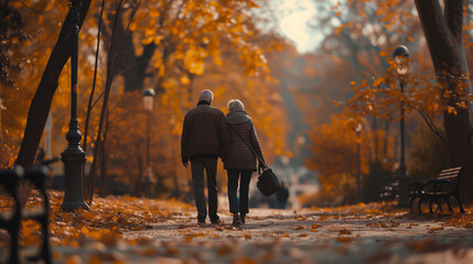 elderly old men and woman walking in the park, happy senior couple going for a walk in the park, pension retired couple at autumn - obrazy, fototapety, plakaty