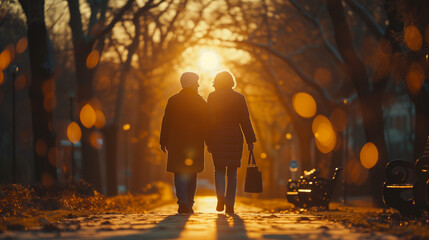 elderly old men and woman walking in the park, a happy senior couple going for a walk in the park, pension retired couple at sunset walking