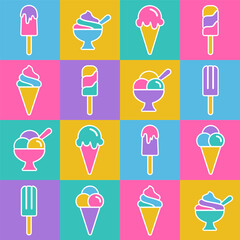 Seamless pattern with different multicolor ice cream of pink, purple, yellow colors on checker background. Bright geometric design. Colorful vector for wrapper, paper dishes print, baby clothes.