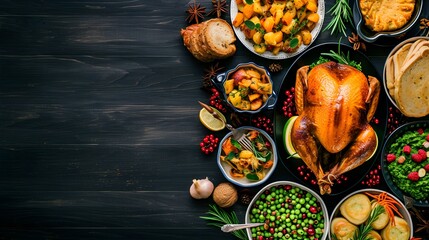 Traditional Thanksgiving day feast with delicious cooked turkey and other seasonal dishes served on black wooden table, flat lay - obrazy, fototapety, plakaty