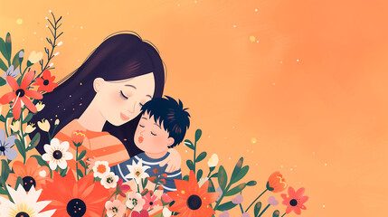 Illustration of a mother with her little son. Concept of mother's day, mother's love