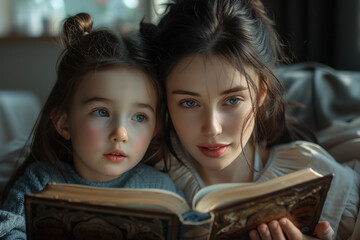 Mother and her daughter reading  bible ,family worship or woman studying, reading book or learning God in religion