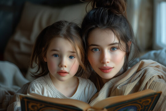 Mother and her daughter reading  bible ,family worship or woman studying, reading book or learning God in religion