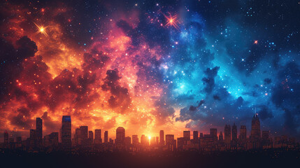 Fototapeta premium Celebration Colors: Festive Fireworks Over City Silhouette
