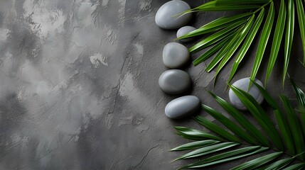 There is a grey table with a flat arrangement of spa stones and a palm leaf placed on it, leaving room for text.
