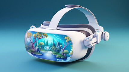 Virtual reality glasses with visualization of fictitious image. Modern device for complete immersion in games and movies. Future technologies