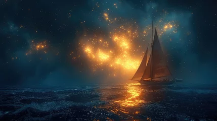 Fotobehang Oceanic Blues: Elegant Sailboat Silhouette © Sekai