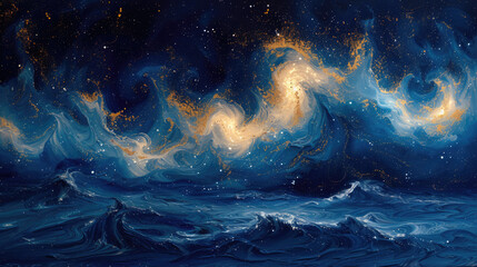 Deep Navy and Twinkling Whites: Dreamy Starry Night Painting - obrazy, fototapety, plakaty