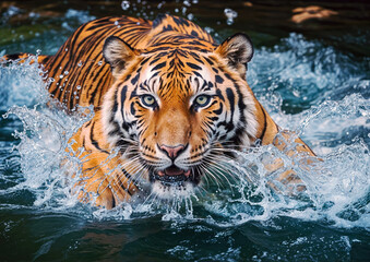 Fototapeta na wymiar Close up of a tiger swimming in the water in a zoo