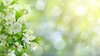 Spring's Vitality: White Flowers and Fresh Greenery with Enchanting Bokeh Effect and open space for text 