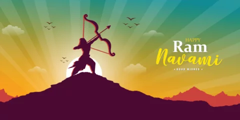Fotobehang Happy Ram Navami wishes or greeting sunset social media banner or poster design with bow or mountain vector illustration © InkSplash