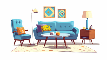 Living room with blue sofa, armchair, coffee.