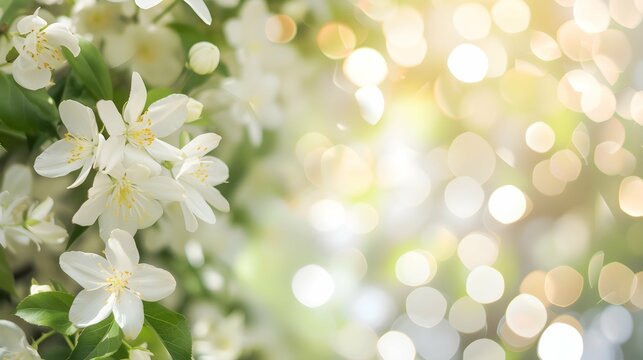 Spring's Vitality: White Flowers and Fresh Greenery with Enchanting Bokeh Effect and open space for text 