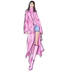Women in stylish outfits. Sketch. Fashion Event Illustration on a white background, croquis 