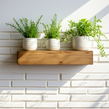 Modern white brick wall with shelves and houseplant. Wooden decorative plant pot on white brick wall. 