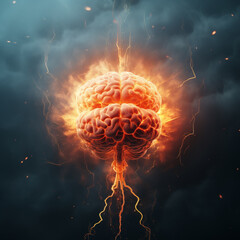 Front view of Brain on fire, exploding brain, disease concept like Parkinson's, Alzheimer's , dementia or Multiple Sclerosis 
