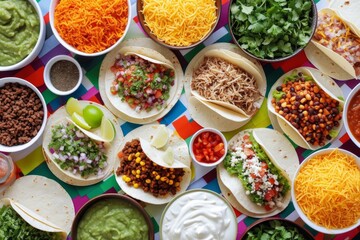 A top view of a DIY taco night with various fillings, toppings, and sides spread out on a colorful table, inviting a fun and interactive dining experience