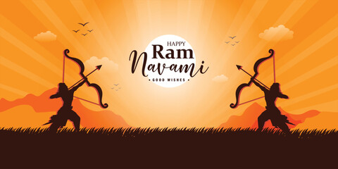 Happy Ram Navami wishes or greeting orange color sunset social media banner or poster design with bow or mountain vector illustration - obrazy, fototapety, plakaty