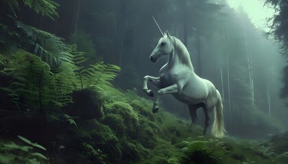 Obraz na płótnie Canvas A unicorn horse rears up in a surreal deep dark forest. The mystical animal beast is wildlife in nature