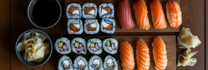 A top-down view of a sushi dining experience with an array of sushi rolls, sashimi, and sake, presented on a minimalist, wooden table setting