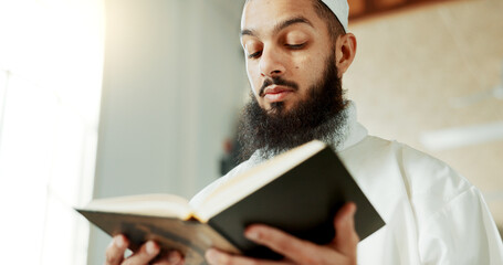 Islamic man, reading quran and mosque with faith, reading and mindfulness with worship, search and...