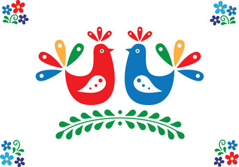 Colorful birds sitting on a branch. Inspired by Moravian folk ornaments. Vector image. - 733620187