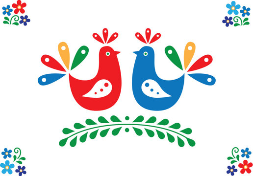 Colorful birds sitting on a branch. Inspired by Moravian folk ornaments. Vector image.