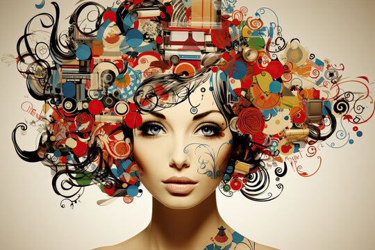 Womans head adorned with a captivating assortment of diverse objects, embodying creativity and imagination.