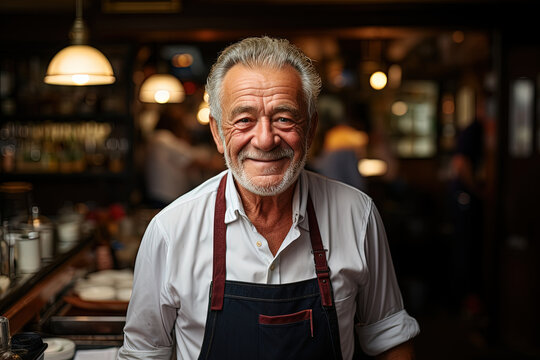 Skilled senior man wearing an apron stands confidently before well-stocked bar, ready to create exquisite cocktails