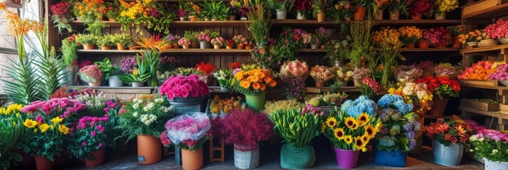 Fototapeta na wymiar A vibrant flower shop overflowing with a variety of colorful blooms, floral arrangements, and green plants, set against a backdrop of rustic wooden shelves