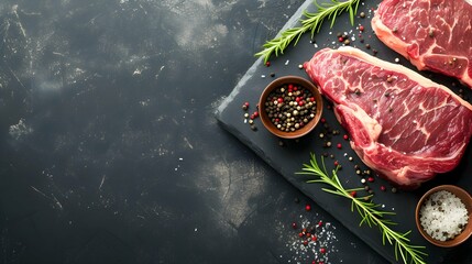 Ribeye fresh raw beef steak with spices on stone board Top view flat lay with copy space. Creative...