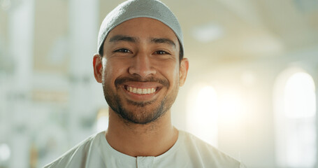 Face, smile and Muslim man in mosque on lens flare with prayer cap to worship God, Allah and...