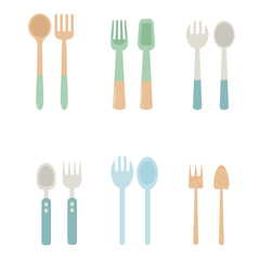 Spoon and fork set. Kids cutlery. Childish kitchen tools. Vector flat illustration