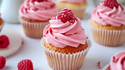 Raspberry cupcakes with a swirl of cream cheese raspberry frosting on the table, shopping sweet concept, Birthday party, Valentine day, Easter celebration concept 