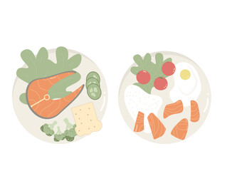 Salmon steak dishes. Red fish piece. Healthy food with egg, bread and rice. Vector flat illustration isolated on white background