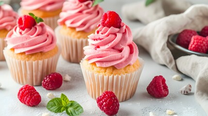 Raspberry cupcakes with a swirl of cream cheese raspberry frosting on the table, shopping sweet concept, Birthday party, Valentine day, Easter celebration concept 